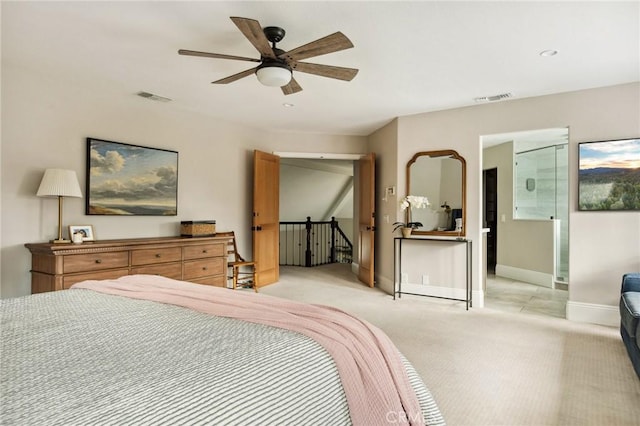 bedroom with light carpet and ceiling fan