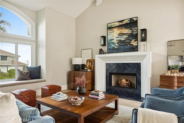 sitting room with a fireplace, light hardwood / wood-style floors, and vaulted ceiling