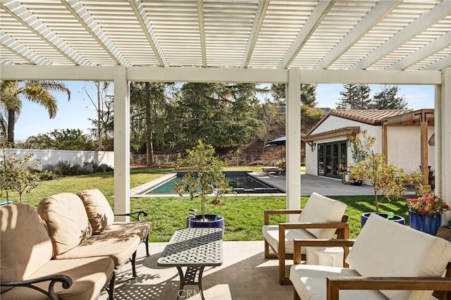 view of patio / terrace with a swimming pool, an outdoor hangout area, and a pergola