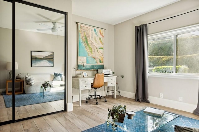 office area with ceiling fan and light hardwood / wood-style floors