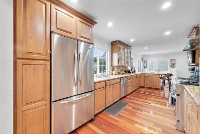 kitchen featuring stainless steel appliances, light stone countertops, sink, and light wood-type flooring