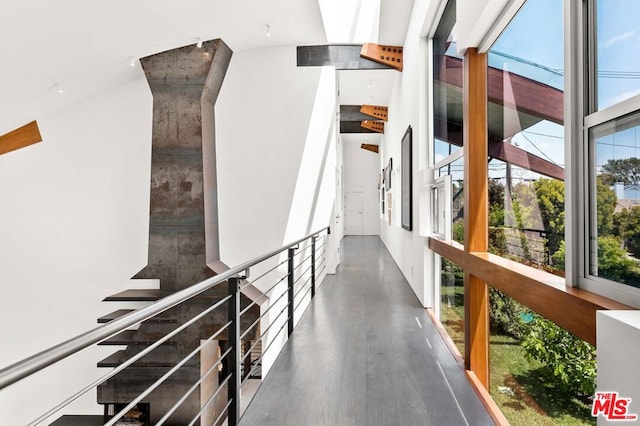 corridor with plenty of natural light and dark hardwood / wood-style floors