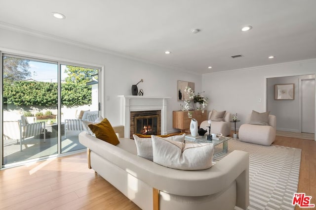 living room with a fireplace, crown molding, and light hardwood / wood-style flooring