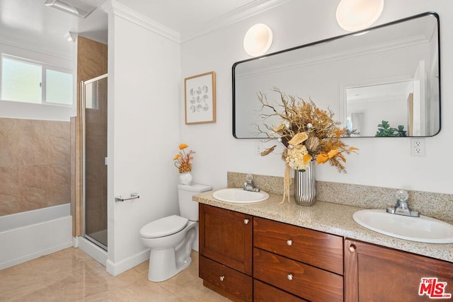 full bathroom with crown molding, vanity, toilet, and independent shower and bath