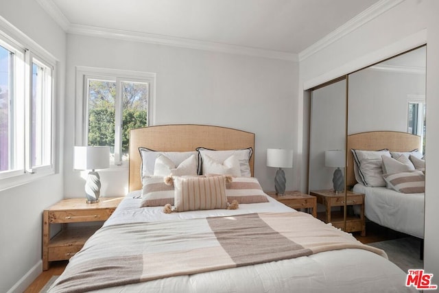 bedroom featuring crown molding, wood-type flooring, and a closet