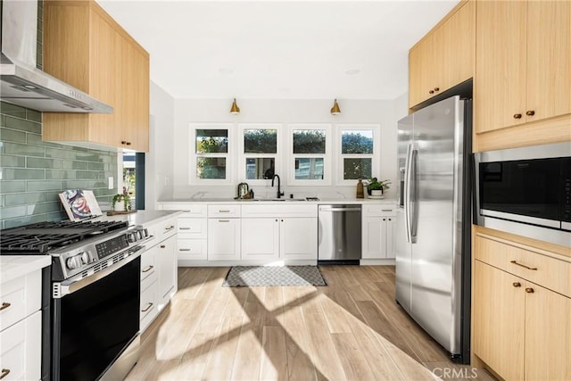 kitchen with a sink, white cabinets, light countertops, appliances with stainless steel finishes, and wall chimney exhaust hood