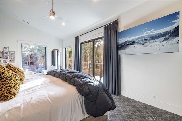 carpeted bedroom featuring access to exterior, visible vents, a ceiling fan, vaulted ceiling, and baseboards