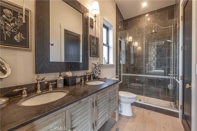 bathroom with toilet, a stall shower, double vanity, and a sink