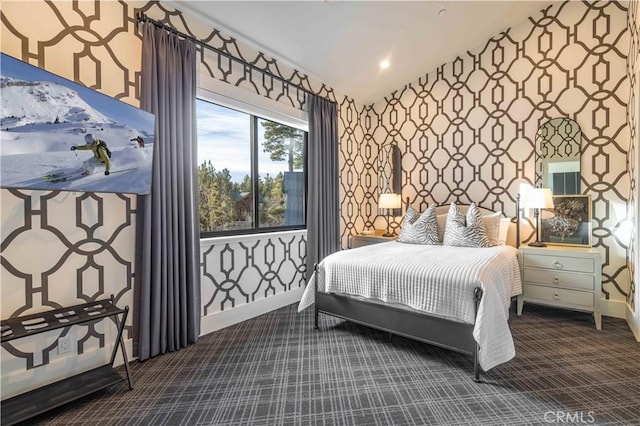 carpeted bedroom with vaulted ceiling, recessed lighting, baseboards, and wallpapered walls