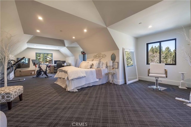 carpeted bedroom with recessed lighting, vaulted ceiling, and baseboards