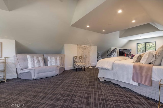 bedroom with carpet, lofted ceiling, baseboards, and recessed lighting