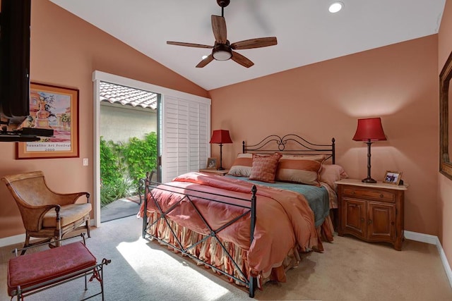 bedroom with lofted ceiling, access to exterior, light colored carpet, and ceiling fan