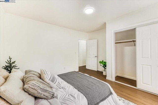 bedroom featuring hardwood / wood-style flooring and a closet