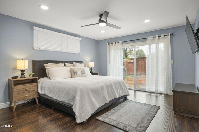 bedroom with ceiling fan, access to exterior, and dark hardwood / wood-style flooring