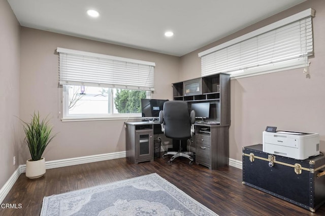 office with dark hardwood / wood-style floors