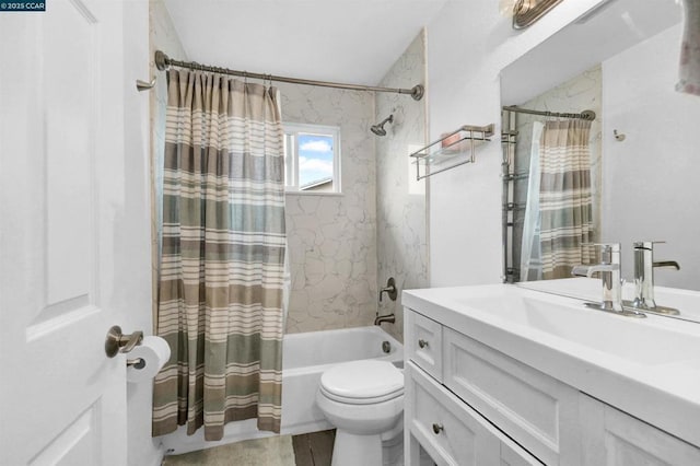 full bathroom featuring shower / tub combo with curtain, vanity, and toilet