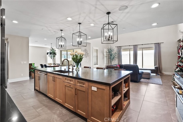 39767 Larkspur Ter, Temecula, CA 92591 - kitchen with stainless steel dishwasher, dark countertops, recessed lighting, open shelves, and open floor plan