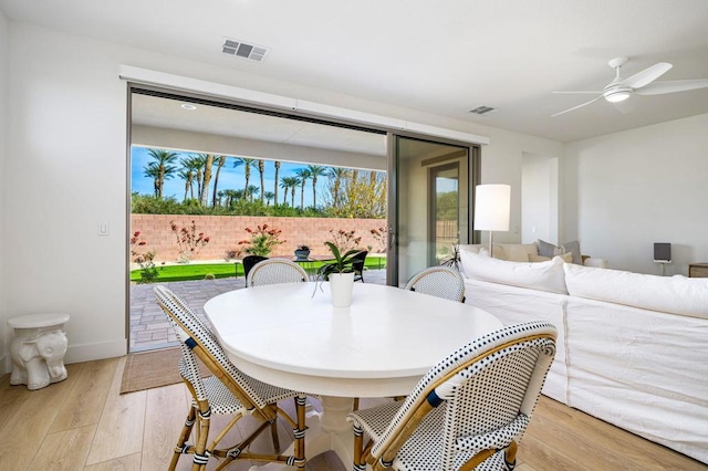 dining room featuring ceiling fan and light hardwood / wood-style flooring