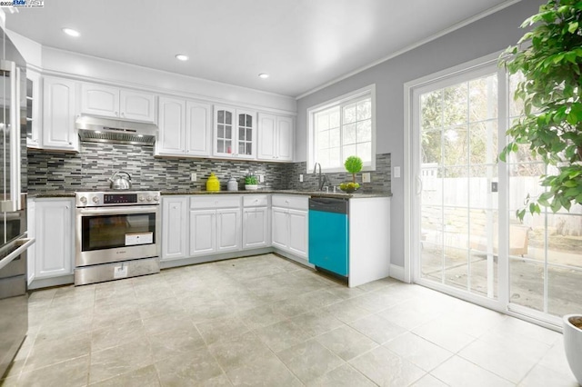 kitchen with tasteful backsplash, stainless steel appliances, sink, and white cabinets