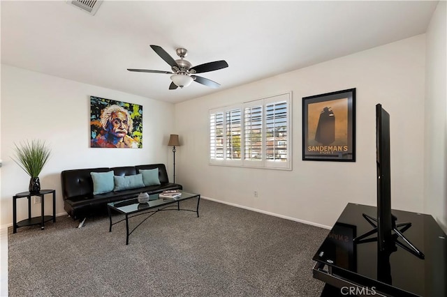 living room featuring carpet floors and ceiling fan