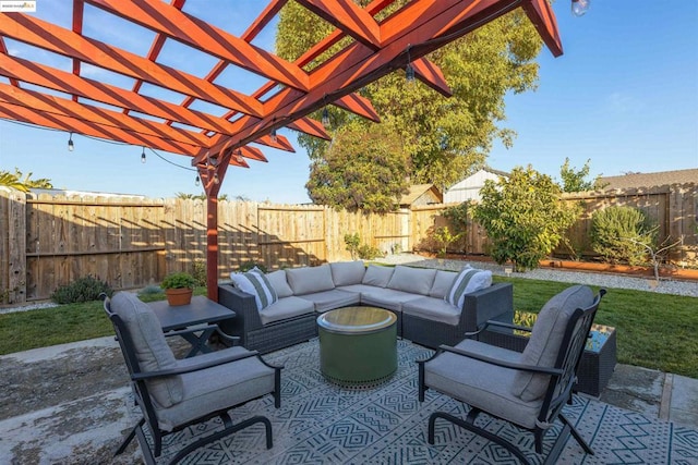 view of patio / terrace with a pergola and outdoor lounge area