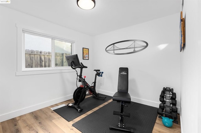 workout area featuring hardwood / wood-style floors