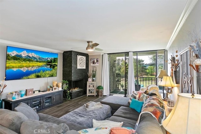 living room featuring crown molding, dark wood-type flooring, a large fireplace, and ceiling fan