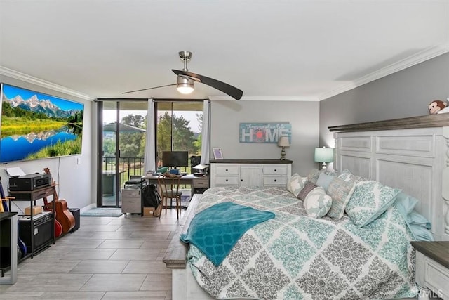 bedroom featuring access to exterior, a ceiling fan, a wall of windows, and crown molding