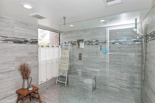 full bath with visible vents, walk in shower, and recessed lighting