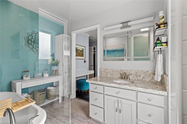 bathroom featuring vanity and a washtub