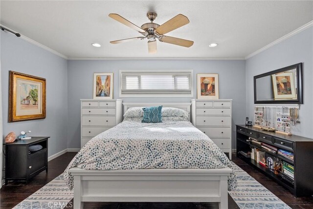 bedroom featuring dark hardwood / wood-style flooring, ornamental molding, and ceiling fan