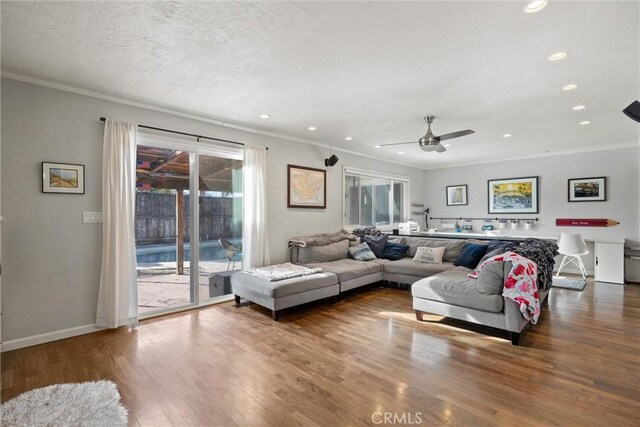 living room with ceiling fan, ornamental molding, wood-type flooring, and a textured ceiling