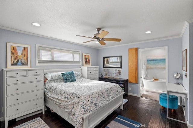 bedroom with dark wood finished floors, recessed lighting, baseboards, and ornamental molding