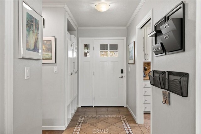 doorway with ornamental molding and light tile patterned flooring