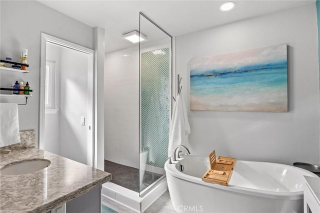 bathroom with a shower stall, vanity, and a freestanding tub