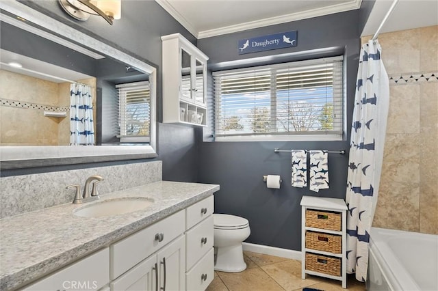 full bathroom featuring tile patterned flooring, ornamental molding, vanity, toilet, and shower / bath combo with shower curtain