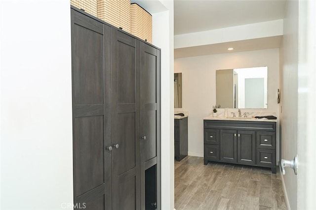 bathroom featuring hardwood / wood-style flooring and vanity