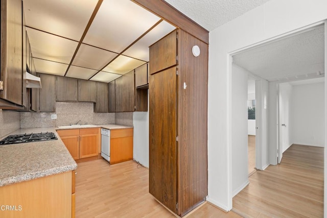 kitchen featuring stainless steel gas stovetop, white dishwasher, light hardwood / wood-style floors, and decorative backsplash