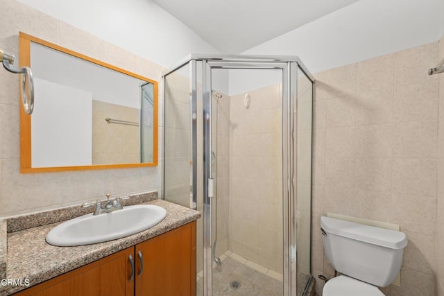 full bath featuring toilet, a shower stall, and vanity