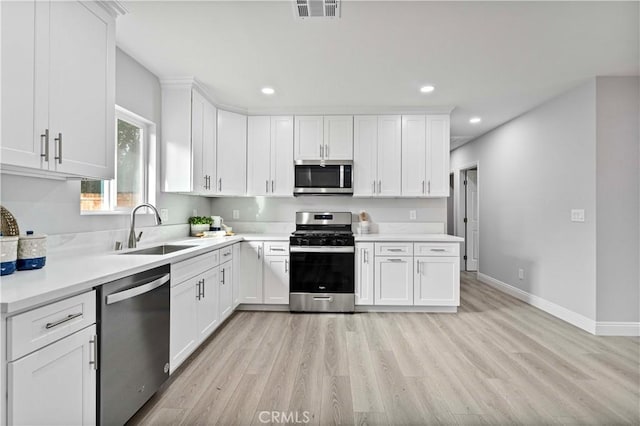 kitchen with white cabinetry, sink, light hardwood / wood-style flooring, and stainless steel appliances