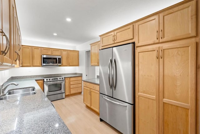 kitchen featuring stainless steel appliances, light stone countertops, sink, and light wood-type flooring