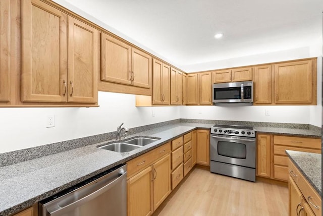 kitchen featuring stainless steel appliances, light hardwood / wood-style floors, and sink