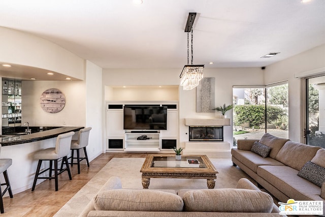 tiled living room with bar