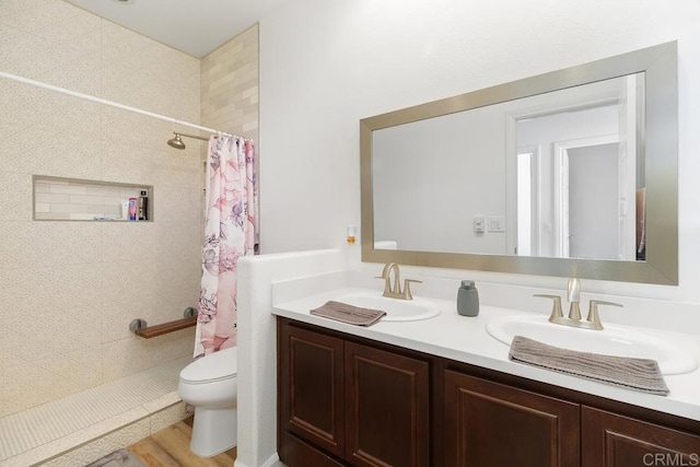 bathroom with vanity, wood-type flooring, toilet, and walk in shower