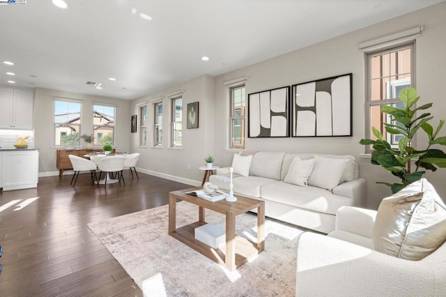 living room with dark wood-type flooring