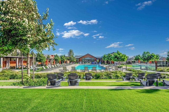 view of pool featuring a yard