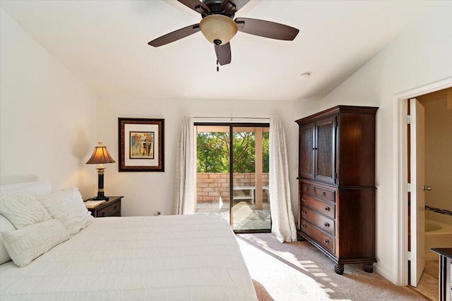 bedroom with ceiling fan, light carpet, and access to outside