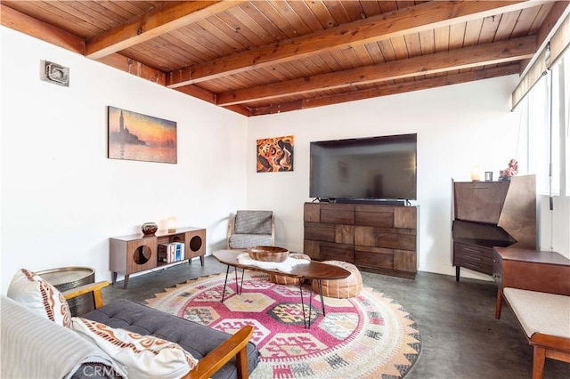 living room featuring beamed ceiling and wood ceiling