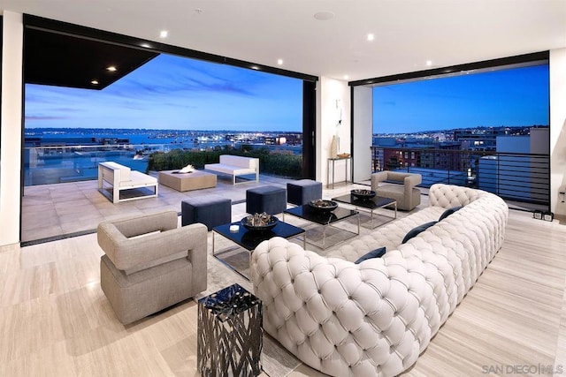 patio terrace at dusk with outdoor lounge area