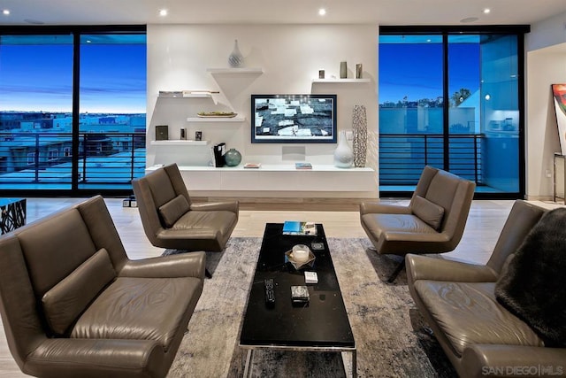 living room with floor to ceiling windows and hardwood / wood-style floors